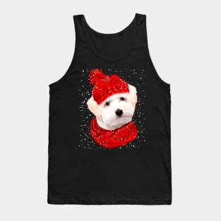 White Maltipoo Wearing Red Hat And Scarf Christmas Tank Top